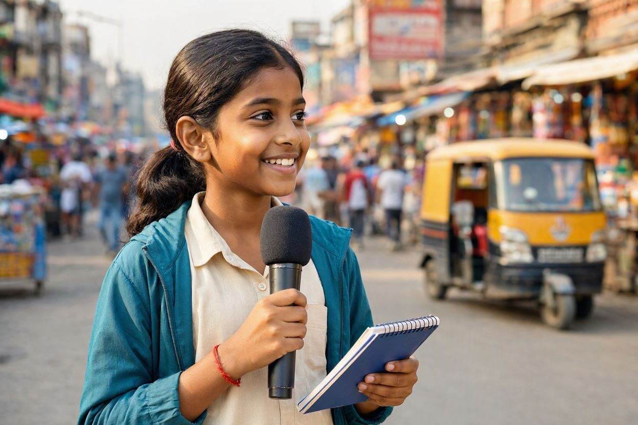 Smiling young girl with a backpack holding a microphone and notebook.